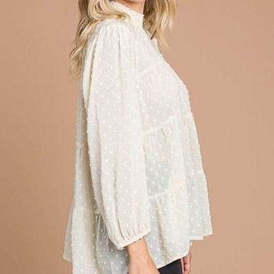Culture Code Full Size Swiss Dot Smocked Mock Neck Women Blouse