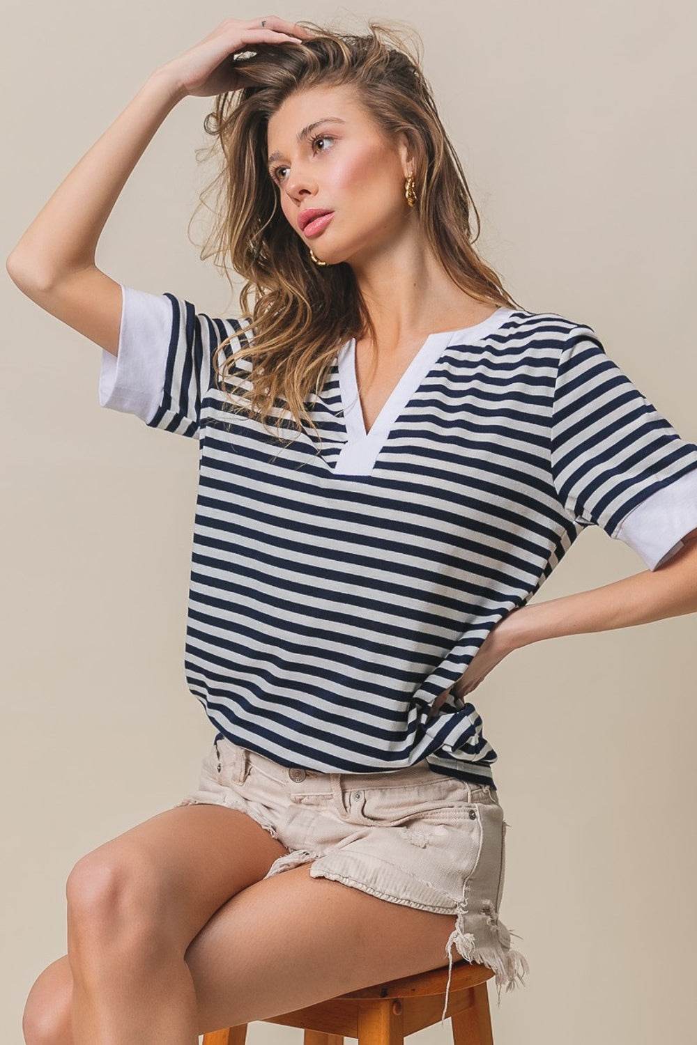 BiBi Contrast Striped Notched Knit Women Top