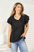 Double Take Eyelet Tie-Neck Flutter Sleeve Women Blouse