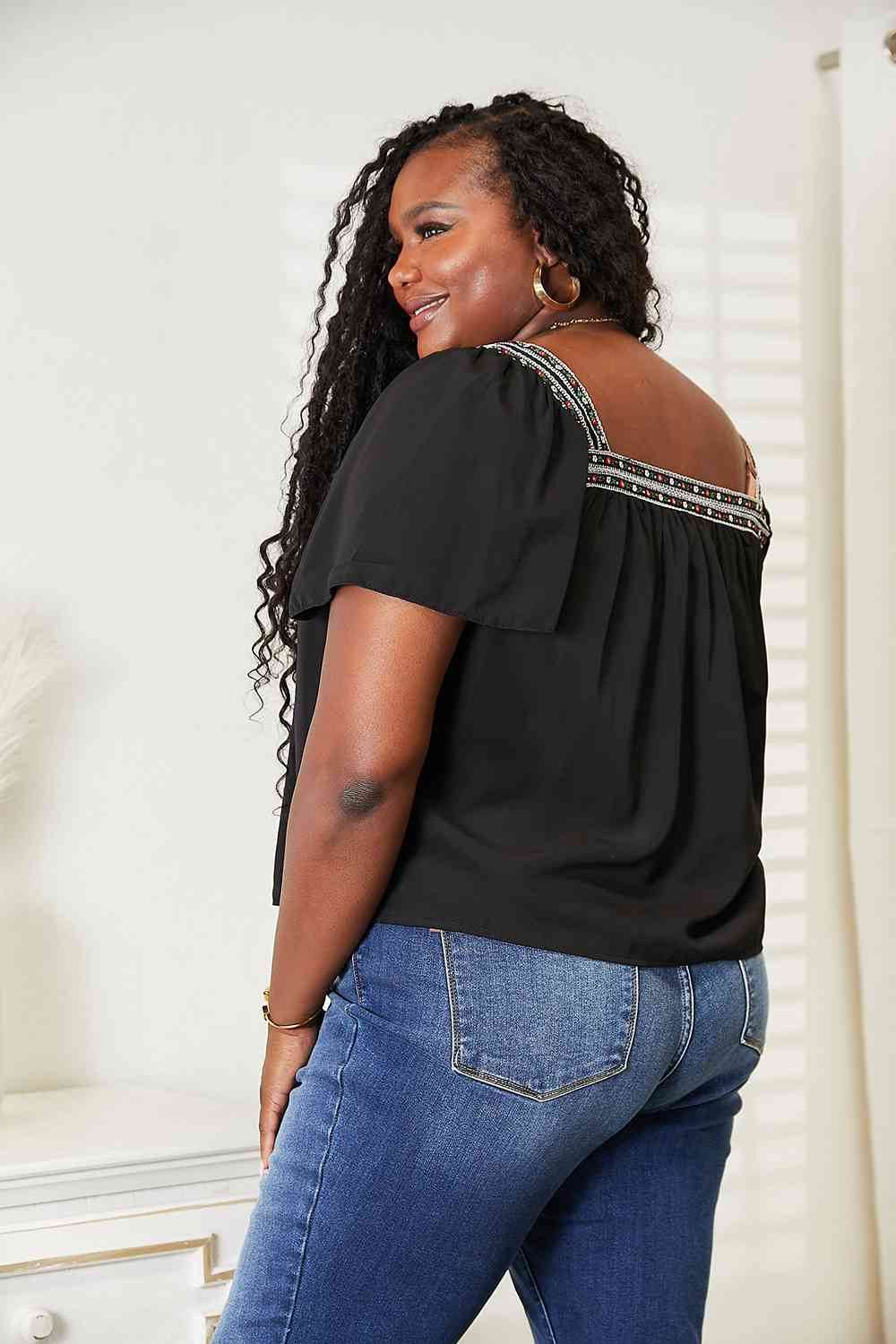 Double Take Contrast Square Neck Puff Sleeve Women Blouse