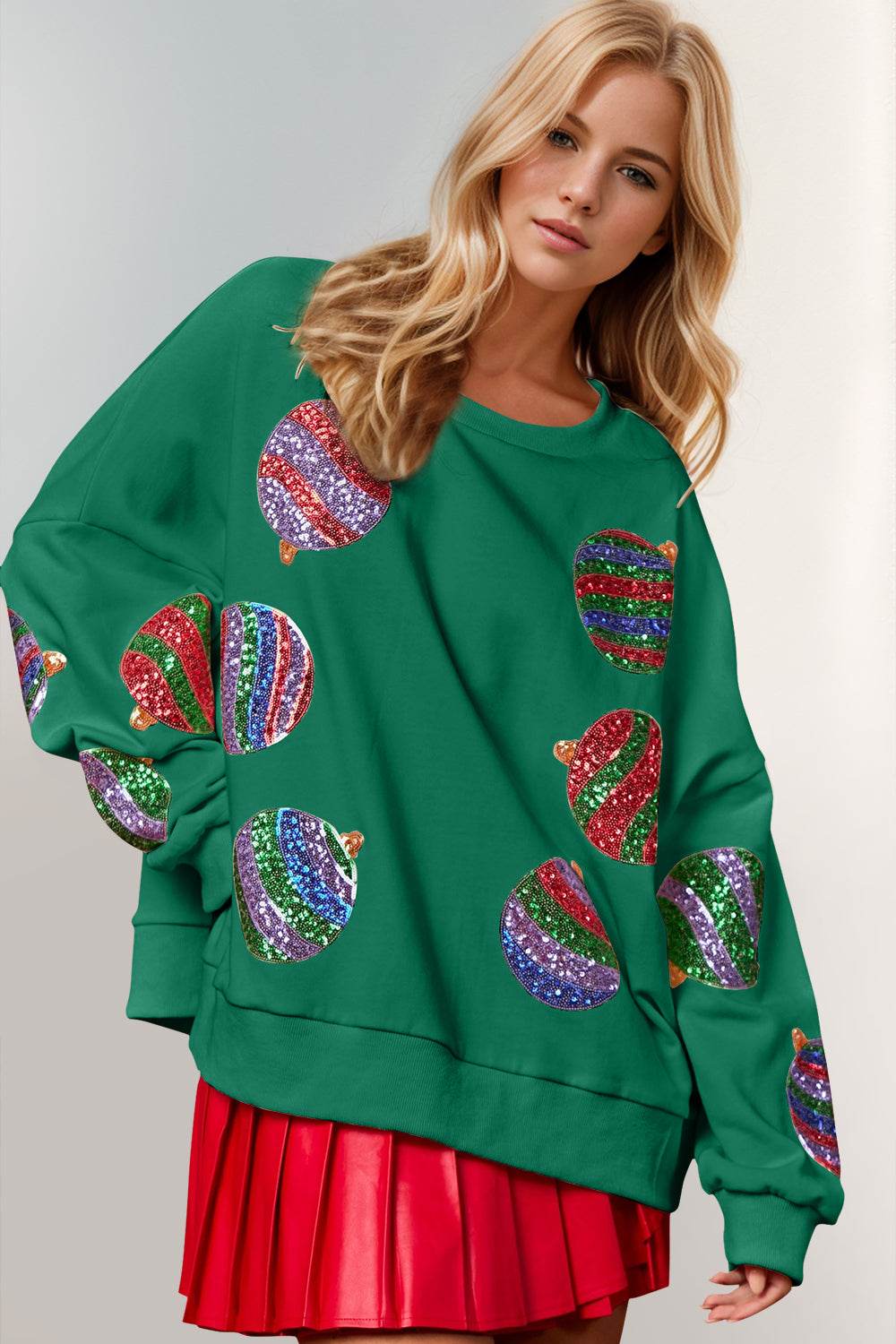 Double Take Christmas Element Sequin Round Neck Long Sleeve Women Sweatshirt