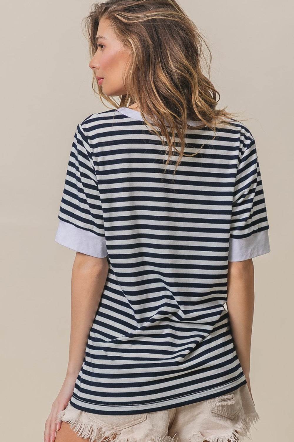 BiBi Contrast Striped Notched Knit Women Top