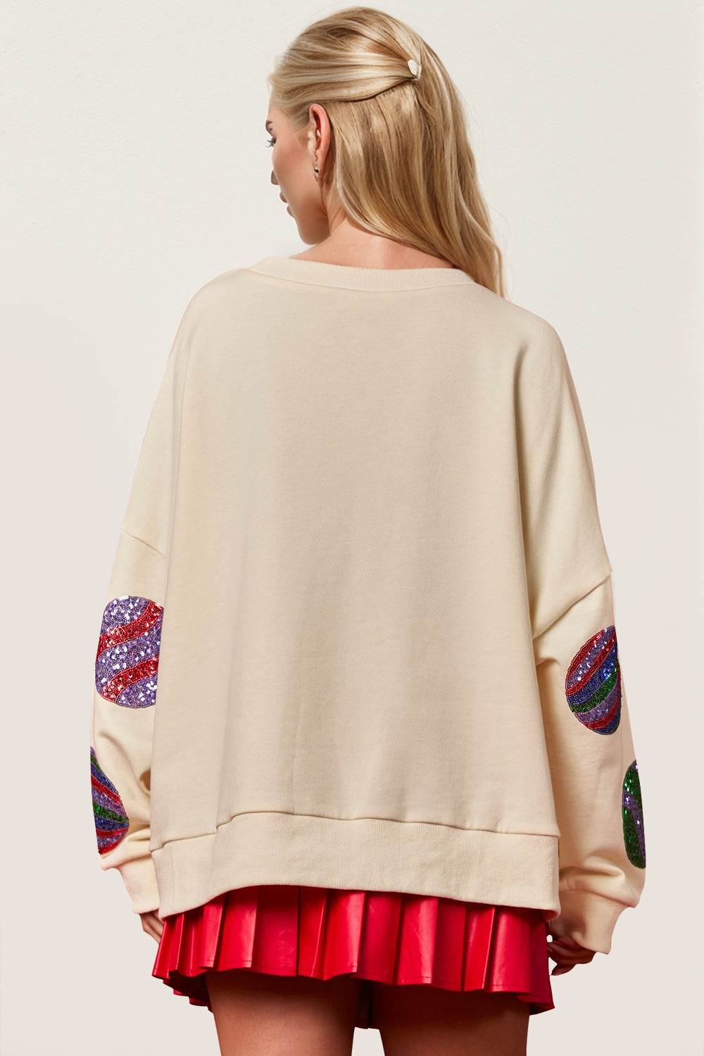 Double Take Christmas Element Sequin Round Neck Long Sleeve Women Sweatshirt